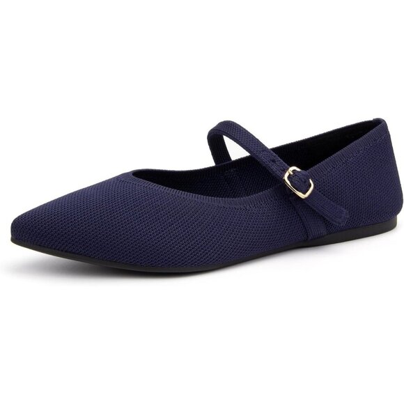 Women's Blue Knit Pointed Toe Ballet Flat with Ankle Strap Casual Comfort Shoes - Picture 4 of 6